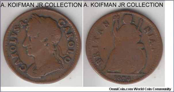 KM-436.1, 1674 Great Britain farthing; copper, plain edge; Charles II, well circulated very good or so and cleaned.