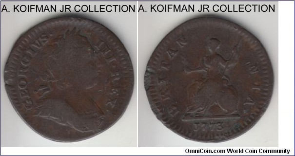 KM-602, 1773 Great Britain farthing; copper, plain edge; George III, very fine details, but some damage to the flan, can't be sure if original or contemporary counterfeit.