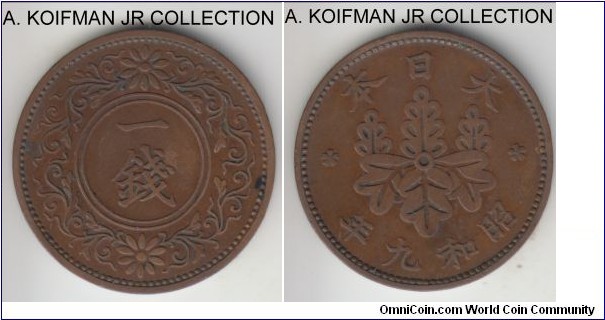 KM-47, Showa Yr.9 (1934) Japan sen; bronze, plain edge; Hirohito, one of the more common years, good extra fine.