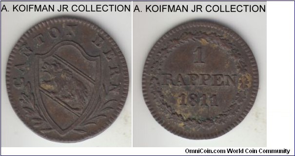 KM-172, 1811 Switzerland canton Bern rappen; billon, plain edge; 2-year type, very well preserved good extra fine, some discoloration from the old grime.