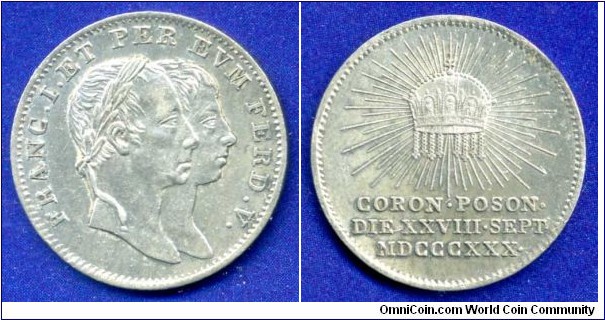 Coronation token for the coronation of Ferdinand as King of Hungary Ferdinand the Fifth. 28 September 1830.


Ag900f. 3,25gr.