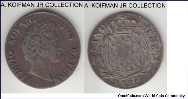 KM-727, 1828 German States Bavaria kreuzer; silver, plain edge; Ludwig I, most common year of the type, good very fine to about extra fine.