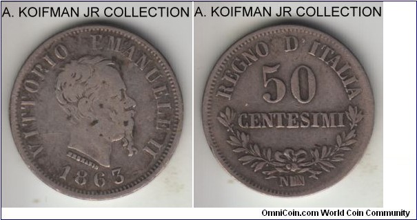 KM-13.2, 1863 Italy (Kingdom) 20 centesimi, Naples mint (N mint mark); silver, plain edge; Vittorio Emanuele II, about fine.