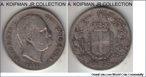 KM-24.2, 1887 Italy (Kingdom) lira, Milan mint (M mintmark); silver, lettered edge; Umberto I, most common year, one of the last issues minted in Milan, good fine or about.
