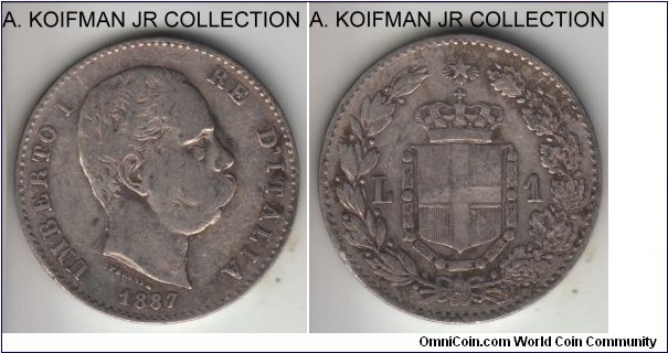 KM-24.2, 1887 Italy (Kingdom) lira, Milan mint (M mintmark); silver, lettered edge; Umberto I, most common year, one of the last issues minted in Milan, good fine or about.