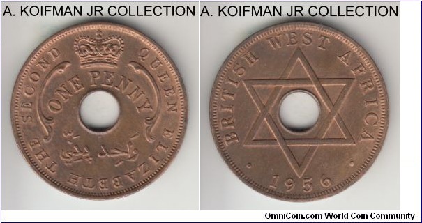 KM-33, 1956 British West Africa penny, Heaton mint (H mint mark); bronze, plain edge, holed flan; Elizabeth II, late pre-independence coinage, red brown uncirculated.