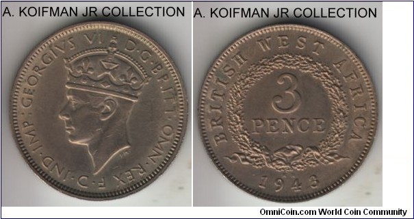 KM-21, 1943 British West Africa 3 pence, King Norton's mint (KN mint mark); copper-nickel, security reeded and grooved edge; George VI, toned uncirculated, few bagmarks.