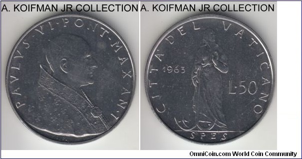 KM-81.1, 1963 Vatican 50 lire; stainless steel, reeded edge; Year I of Pope Paul VI, bright and reflective uncirculated, couple of spots and contact marks, mintage 120,000.