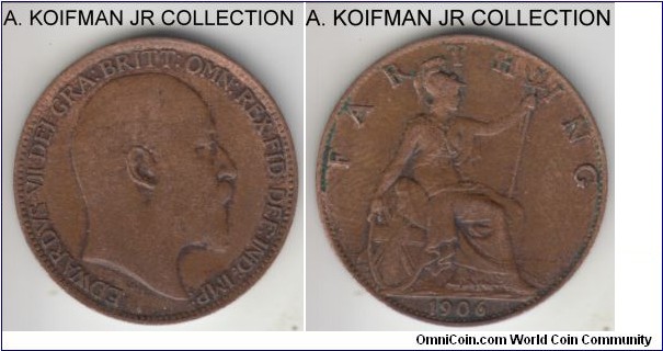 KM-792, 1906 Great Britain farthing; bronze, plain edge; Edward VII, very fine or almost, most of blackening lost through circulation.