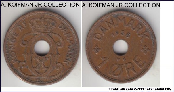 KM-826.2, 1935 Denmark ore; bronze, plain edge; Christian X, about extra fine but dirty.