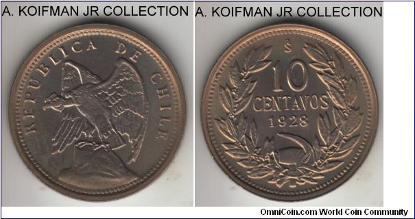 KM-166, 1928 Chile 10 centavos; copper-nickel, plain edge; nice uncirculated, light toning.