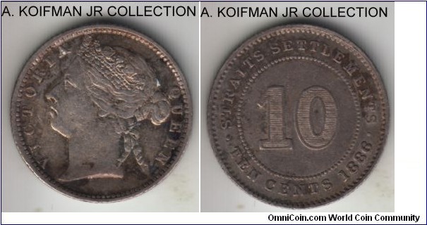 KM-11, 1886 Straits Settlements 10 cents; silver, reeded edge; Victoria, good fine to very fine, obverse has more recent wear, reverse is darker toning but overall decent coin.