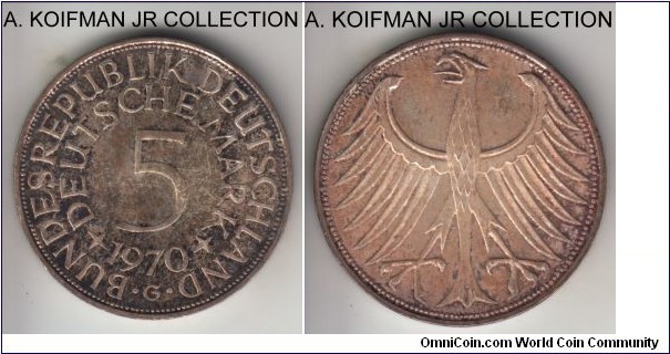 KM-112.1, 1970 Germany 5 marks, Karlshuhe mint (G mint mark); silver, lettered edge; circulation issue, good uncirculated with some mottled toning.