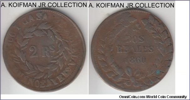 KM-11, 1860 Argentina Buenos Aires 2 reales; copper, plain edge; provincial issue by Buenos Aires mint, well circulated, clockwise wreath on obverse variety.