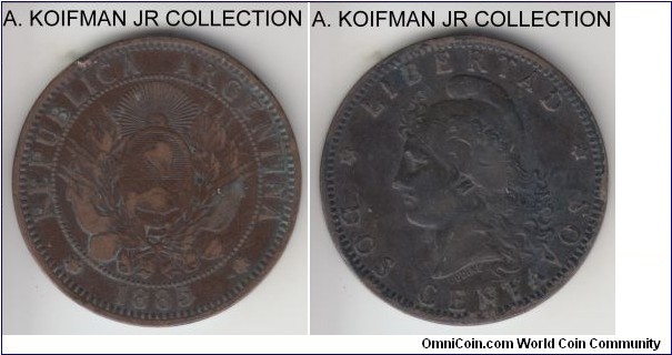 KM-32 (Prev KM-7), 1885 Argentina centavo; bronze, plain edge; slightly less common, brown fine details, dirt and deposits on reverse.