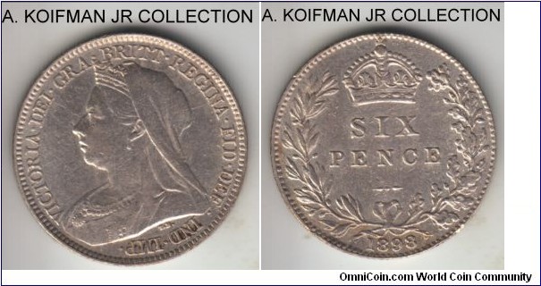 KM-779, 1898 Great Britain 6 pence; silver, reeded edge; Victoria mature veiled head, good very fine details, cleaned.