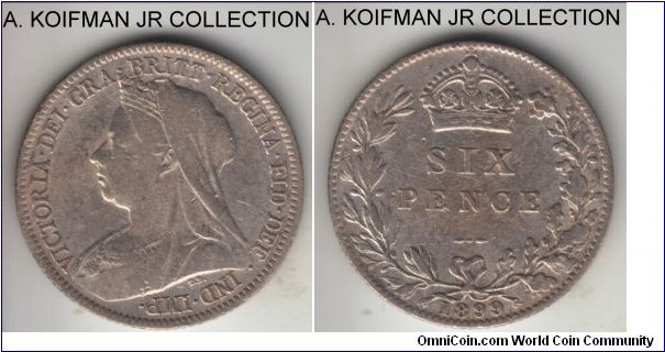 KM-779, Great Britain 6 pence; silver, reeded edge; Victoria mature head, last type, good fine to very fine details, cleaned.