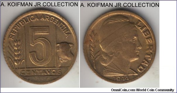 KM-40 (Prev. KM-15), 1944 Argentina 5 centavos; aluminum-bronze, reeded edge; common issue, about uncirculated.