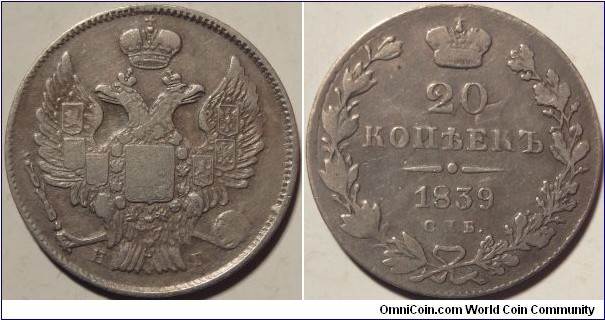 AR 20 kopeck 1839 SPB-NG, inclined mint master initials.