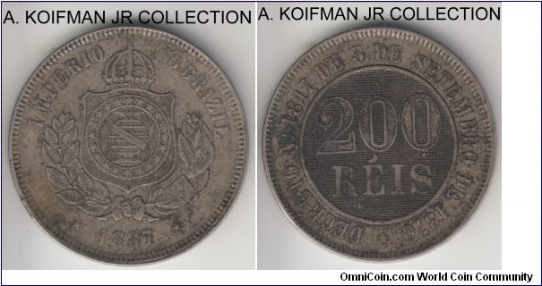 KM-484, 1887 Brazil (Empire) 200 reis; copper-nickel, plain edge; Pedro II, decent detail, but dark stained reverse.