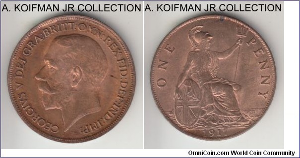 KM-810, 1917 Great Britain penny; bronze, plain edge; George V, common, mostly red uncirculated.