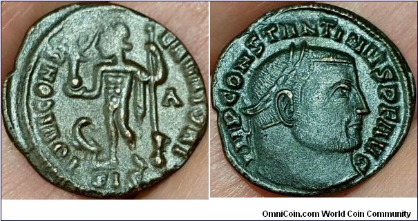 Constantine I 307-337Ad. Follis. IOVI CONS-ERVATORI, Jupiter standing left, holding Victory on globe and leaning on sceptre, eagle at foot left with wreath in its beak, officia mark (A) in right field. IMP CONSTANTINVS PF AVG, laureate head right. Mark SIS=Siscia.