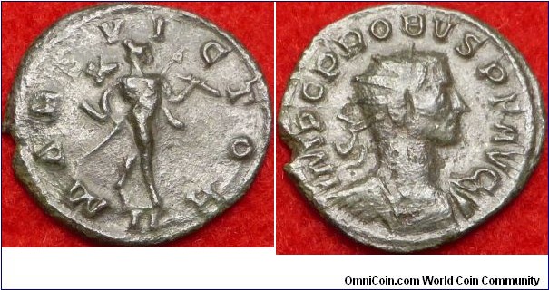 Probus 277Ad, Antoninianus. MARS VICTOR, Mars walking right, holding spear and trophy. IMP C PROBVS P F AVG, radiate, cuirassed bust right. Mintmark II=Lyons mint.