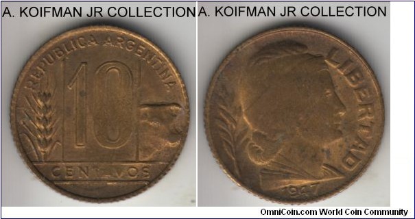 KM-41 (Prev. KM-16), 1947 Argentina 10 centavos; aluminum-bronze, reeded edge; common issue, extra fine or almost for this relatively crude strike.