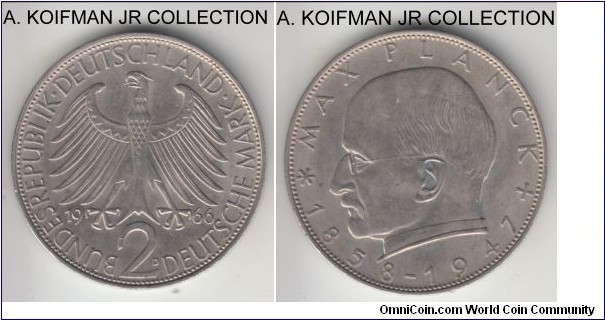 KM-116, 1966 Germany 2 marks, Munich mint (D mint mark); copper-nickel, lettered edge; Max Planck circulation issue, average uncirculated or almost.