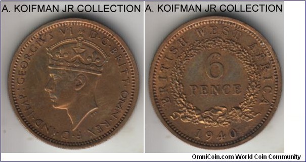 KM-22, 1940 British West Africa 6 pence, Royal Mint (no mint mark); nickel-brass, reeded security edge; George VI, almost uncirculoated - no wear but a few marks and some discoloration.