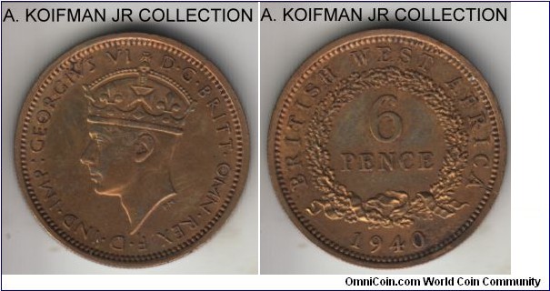 KM-22, 1940 British West Africa 6 pence, Royal Mint (no mint mark); nickel-brass, reeded security edge; George VI, almost uncirculoated - no wear but a few marks and some discoloration.
