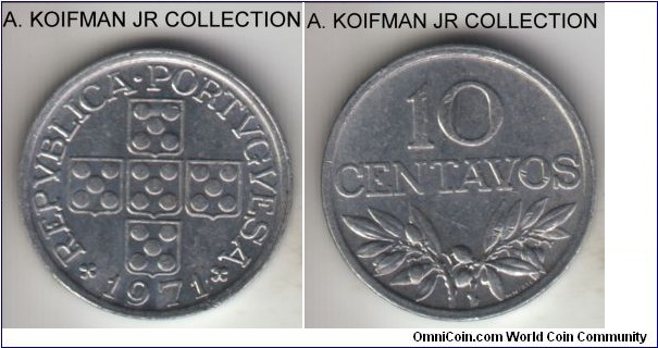 KM-594, 1971 Portugal 10 centavos; aluminum, plain edge; tiny and cheap in production, average uncirculated.