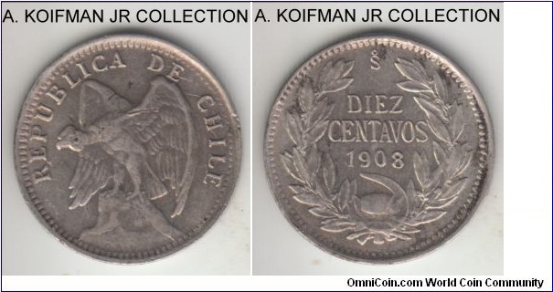 KM-156.2a, 1908 Chile 10 centavos, Santiago mint (So mint mark); silver, reeded edge; average circulated, good fine to about very fine, likely cleaned.