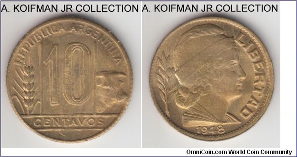 KM-41 (Prev. KM-16), 1948 Argentina 10 centavos; aluminum-bronze, reeded edge; common issue, uncirculated or almost, weaker strike.