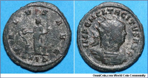 Tacitus 275-76Ad, Antoninianus. SALVS AVG, Salus standing left, feeding serpent rising from altar. IMP CM CL TACITVS AVG, radiate draped, cuirassed bust right. Mintmark XXI delta=Rome mint.