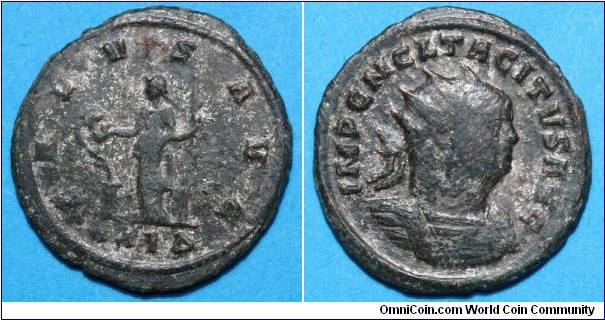 Tacitus 275-76Ad, Antoninianus. SALVS AVG, Salus standing left, feeding serpent rising from altar. IMP CM CL TACITVS AVG, radiate draped, cuirassed bust right. Mintmark XXI delta=Rome mint.