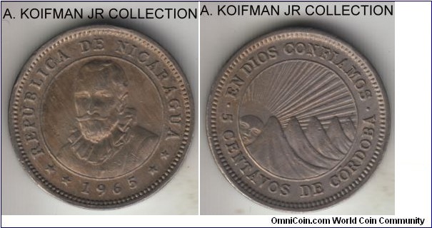 KM-24.2, 1965 Nicaragua 5 centavos; copper-nickel, lettered edge; BCN edge lettering, average uncirculated, toned.