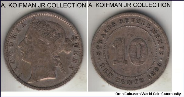 KM-11, 1896 Straits Settlements 10 cents; silver, reeded edge; Victoria, later period, toned uncleaned, fine or so.
