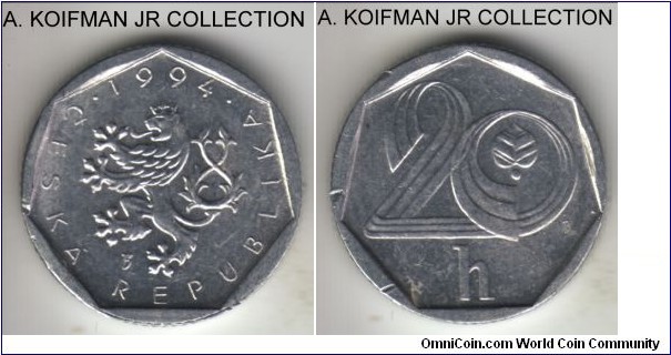 KM-2.1, 1994 Czech Republic 20 haleru, Czech mint; aluminum, plain edge; about uncirculated, few edge nicks.