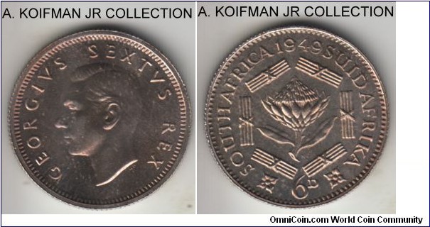 KM-36.1, 1949 South Africa (Dominion) 6 pence; proof, silver, reeded edge; George VI, mintage 800, toned proof.