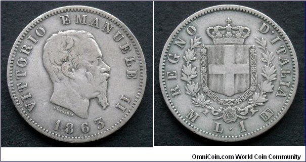 Italy 1 lira.
1863 (M) King Vittorio Emanuele II. Ag 835.