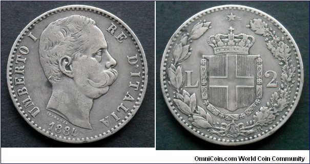 Italy 2 lire.
1884 (R) King Umberto I. Ag 835.