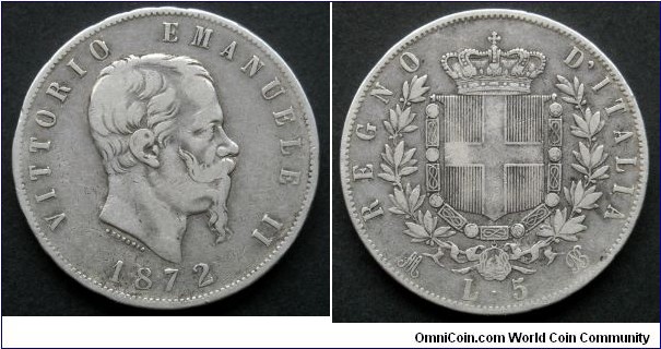 Italy 5 lire.
1872 (M BN) King Vittorio Emanuele II. Ag 900.