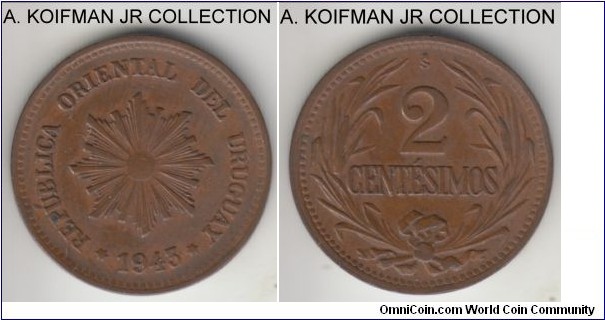 KM-20a, 1943 Uruguay 2 centesimos, Santiago (So mint mark); copper-tin-zinc, plain edge; extra fine or about.