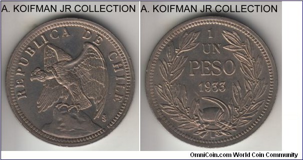 KM-176.1, 1933 Chile peso; copper-nickel, reeded; long S without serif in mint mark, average toned uncirculated or almost.