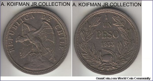 KM-176.1, 1933 Chile peso; copper-nickel, reeded; long S without serif doubled mint mark variety, extra fine or about.