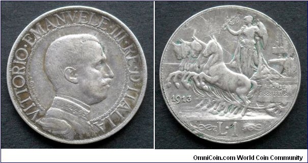 Italy 1 lira.
1913 (R) King Vittorio Emanuele III. Ag 835.