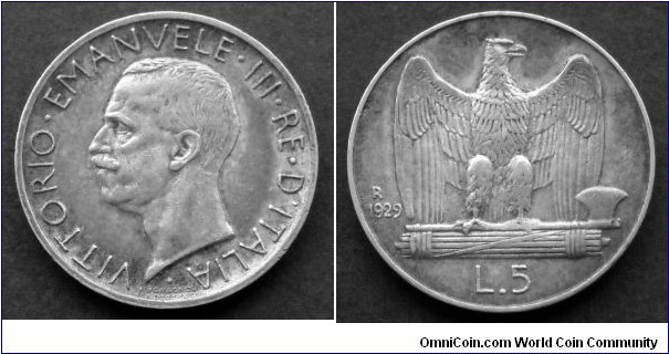 Italy 5 lire.
1929 (R) King Vittorio Emanuele III. Ag 835.