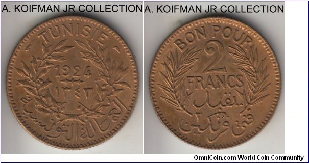 KM-248, 1924 Tunisia 2 francs, Paris mint; aluminum-bronze, reeded edge; anonymous ruler, extra fine to good extra fine details, cleaned.