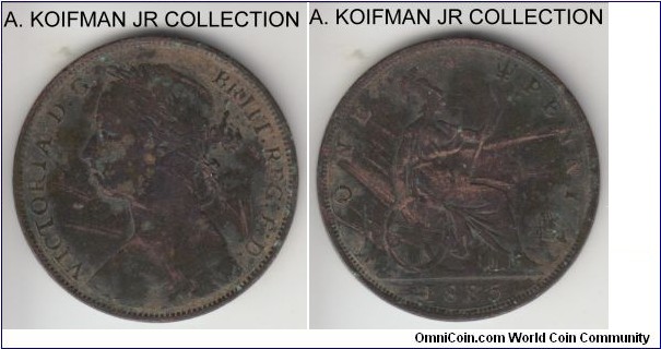KM-755, 1885 Great Britain penny; bronze, plain edge; Victoria, environmental damage, otherwise good fine.